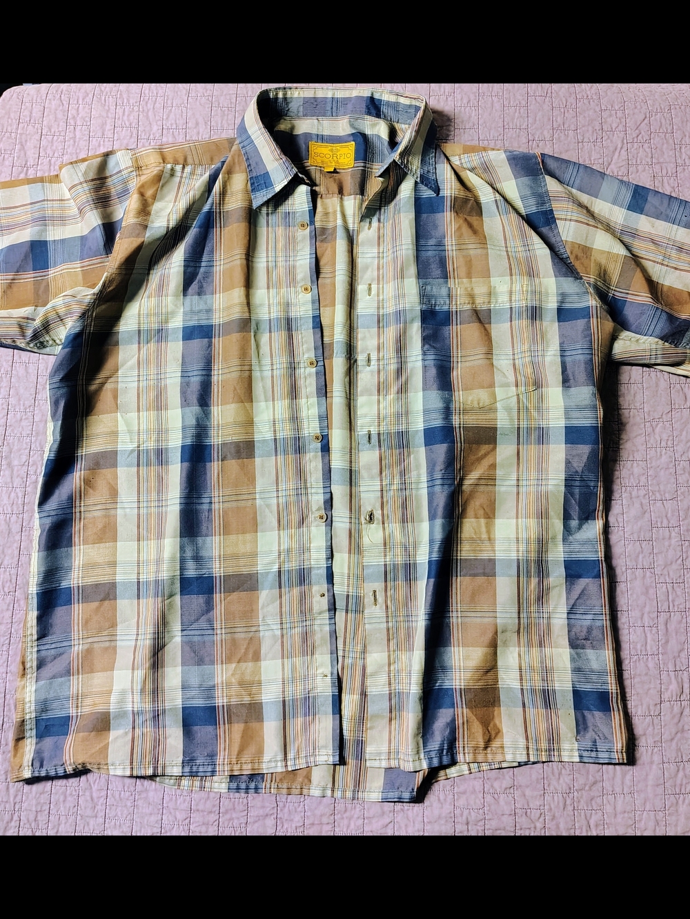 ​Vintage Scorpio USA Shirt Mens 2XL Brown Blue Plaid Short Sleeve Button Up 90s